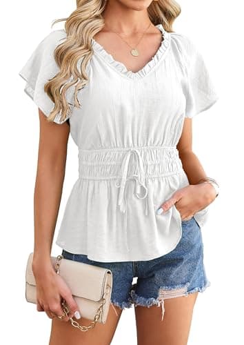 ECOWISH Peplum Tops for Women 2026 Summer Casual Short Sleeve Blouse Dressy V Neck Cinched Waist Work Shirts 480White S