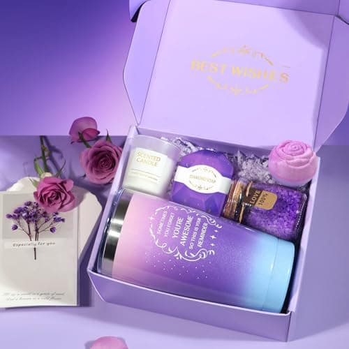 Birthday Gifts for Women, Mothers Day Gifts for Mom, Wife, Her, Friend, Teacher, Nurses, Coworker, Self Care Spa Baskets Set, Thank You Gift for Women Purple view 3