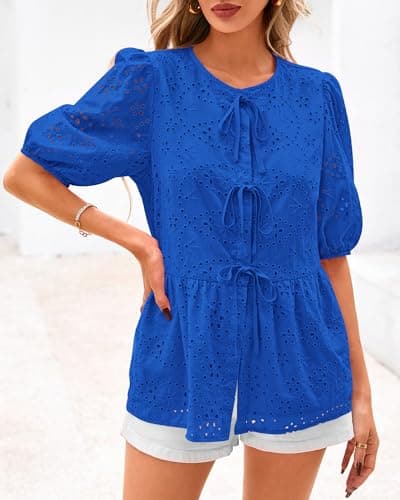 KIRUNDO Peplum Tops for Women 2026 Summer Eyelet Tie Front Blouses Casual Short Lantern Sleeve Cute Y2K Lace Babydoll Shirts view 6