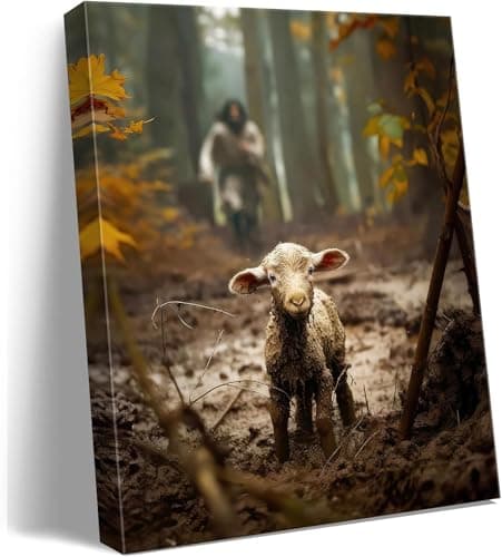 Religious wall decor for prayer room Christian wall art for Christmas decorations indoor Jesus and Lamb canvas wall prints Jesus Running After Lost Lamb Picture for home decor Baptism gifts for boys-girl serenity prayer wall art Christian gifts for Women,christians,pastor,teachers A-333 view 1