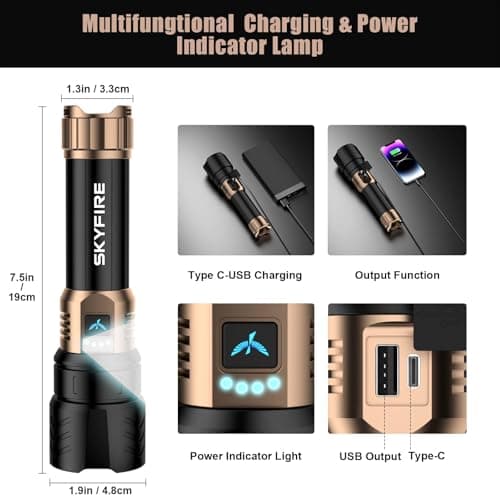 SKYFIRE Rechargeable Flashlights High Lumens with Ignition Lens &3 Colors Light,10000mAh LED Super Bright Flashlight, Zoomable,4Modes,Waterproof Tactical Flash Light for Outdoor,Home &Gift view 6