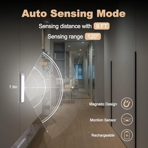 6 Pack Motion Sensor Under Cabinet Light, Magnetic Rechargeable Warm White 2 Color Under Counter Light, 8 Inch LED Closet for Stair Bedroom Cupboard view 4