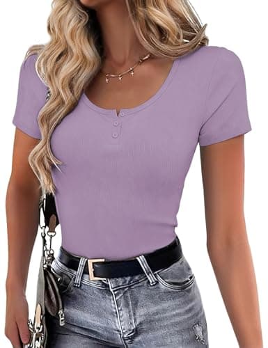JUSTFASHIONNOW Womens Short Sleeve Tops Stretchy Henley Scoop Neck Fitted Casual Basic Ribbed T-Shirts 2026 Summer Trendy view 2