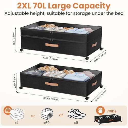 Mqaue Under Bed Storage with Wheels, 72L XXL Under the Bed Storage Containers Large, 10‘’ Tall Adjustable Storage for Underbed with Lids, Rolling for Shoes, Clothes, Blankets, Black view 2
