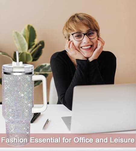 HWISDMIG 40oz Tumbler with Handle-Glitter Rhinestones Tumbler Bling Cups Stainless Steel Water Bottle Diamond Studded Tumbler for Women-Birthday Gifts for Women, Mom, Wife, Girlfriend (40 oz, Shiny) view 5