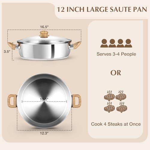 KOCH SYSTEME CS Stainless Steel Saute Pan with Lid, 12 Inch Deep Frying Pan with Double Handles, 5.5 Quart 18/10 Stainless Steel Pan with Cool-Touch Bakelite Handle, Deep Frying Pan, Induction Ready view 2