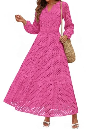 PRETTYGARDEN Women's Long Sleeve Maxi Dress V Neck Hollow Out Eyelet A Line Long Flowy 2026 Spring Wedding Guest Dresses — image 1