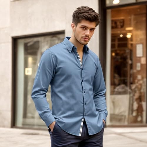 Men’s Casual Untucked Button Down Shirt Long Sleeve Stylish Business Casual Dress Shirts for Men view 2