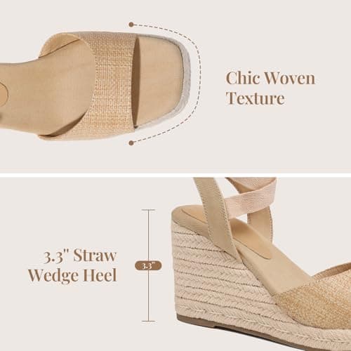 EQAUDES Womens Espadrilles Wedge Sandals Platform Square Toe Ankle Strap Lace Up Summer Shoes view 6