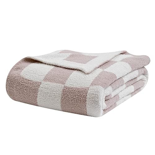 bearberry Fuzzy Checkerboard Grid Throw Blanket Knitted Soft Cozy Warm Microfiber Bed Blanket Decor for Couch Sofa Bed Travel Home (Cream, 60''x80'') — image 1
