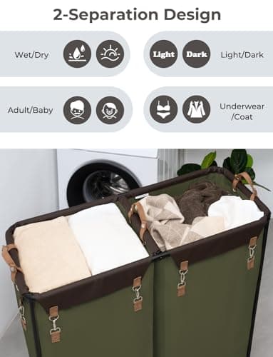 StorageWorks 390L Extra Large Laundry Hamper with Wheels, 2 Sections Laundry Basket with Wheels, Clothes Sorter Cart with Divider for Hotel, Home, Green, 1-Pack view 4