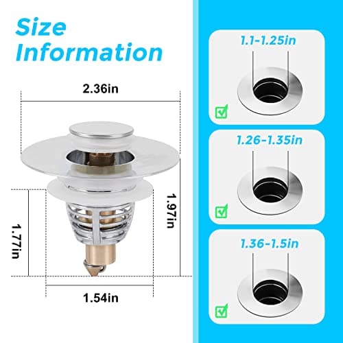 GOOSUO Universal Bathroom Sink Plug, Silver, Suitable for 1.25"-1.65" Sinks, Stainless Steel & Brass, Push Type, Anti-Clog Basket, Easy Install view 3