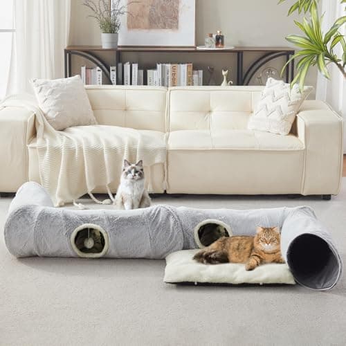 Cat Tunnel Bed for Indoor Cats, Large Cat Tube & Dog Tunnel Bed with Washable Cushion, Square Luxury Velvet Peekaboo Cat Cave & Cat Donut for Kitten/Puppies/Rabbits, Grey XL 39"x30"x11" view 2