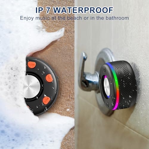 Bluetooth Shower Speaker IP7 Waterproof Portable Speakers HD Sound 24H | with HD sound & suction cup for Home/Party/Outdoor/Beach Durable build, RGB lights, LED time display & mic for shower. view 2