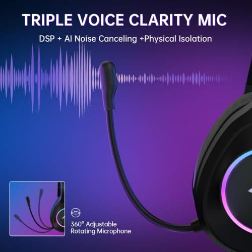 AOC
Wireless
Gaming
Headset
for
PS5,
PS4,
Nintendo
Switch,
PC-
Black | Bluetooth 5.4 & 2.4GHz Gaming Headphones with Noise Canceling Mic, RGB, Type-C, 20ms Latency, 45H, 7.1 Virtual Surround view 6