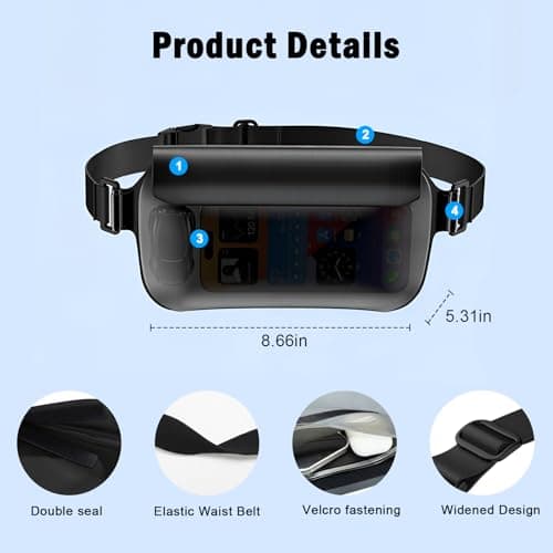 UOEPOWA Waterproof Waist Bag, Passport Wallet Tote, IPX8 Waterproof Rating, Underwater-Use Phone Pouch, TUP Dry Bag, Ideal for Diving, Swimming, Kayaking (2-Pack Set in Black) view 6
