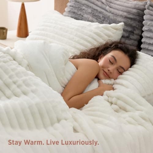 Bedsure Fluffy Comforter Set Queen Size, Cream White, 3 Piece view 4