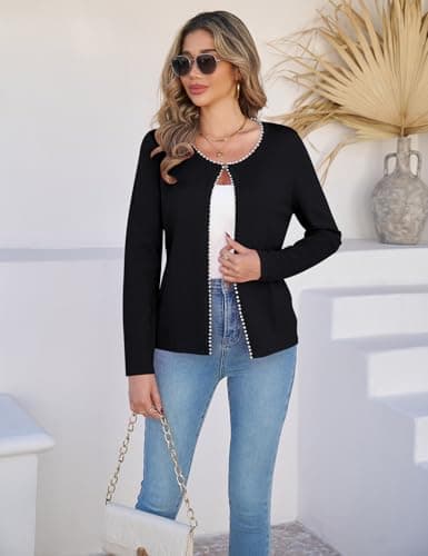 CiCiBird Women Lightweight Open Front Sweater Cardigan Pearls Trim Knit Jacket Trendy Long Sleeve Clothes Coatigan view 4