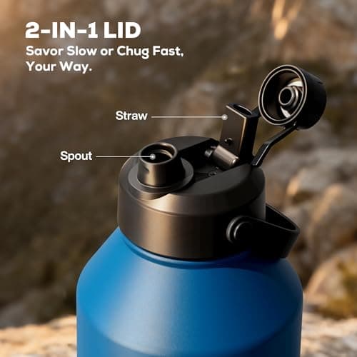 POWCAN 64 oz Insulated Water Bottle with 2-in-1 Straw Spout Lid, Leakproof, Carrier Bag, Shoulder Strap, Keep Cold 48H, Half Gallon Stainless Steel Water Jug for Men, Sports, Camping, Fitness (Indigo) view 2
