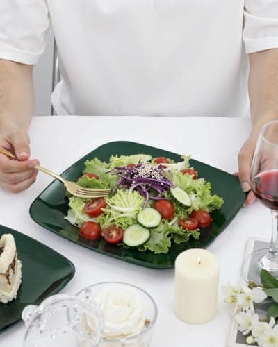 PULOTE 100PCS Green Plastic Plates - Green Square Disposable With Gold Rim - Include 50 Dinner 10inch, 50 Dessert 7.25inch Plates for Party&Christmas view 6