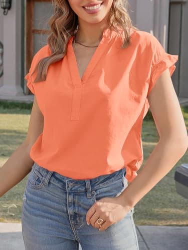 Tankaneo Womens Dressy Casual Tops Ruffle Short Sleeve V Neck Work Blouses Summer Business Casual Cotton Shirts Orange view 2