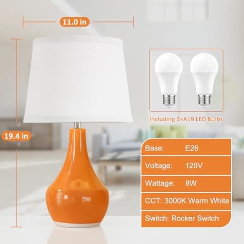 Seealle Modern Ceramic Table Lamps for Night Stands - Bedside Lamps Set of 2 for Nightstand,Orange Bedroom Lamp for Living Room Cute Desk End Table Office Guest Room Dresser Rocker Swtich view 6