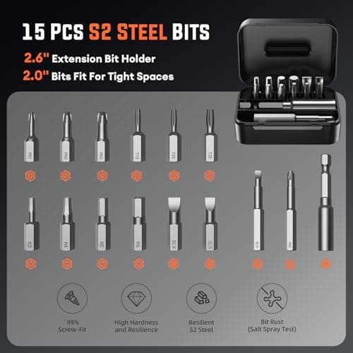 Electric Screwdriver Set - 4V Cordless Screwdriver Rechargeable 2500mAh - 5 Torque Settings Power Screwdriver 250RPM 5N·m Max - Tools for Furniture Electrical Repairs - LED, 15 S2 Metal Bit, 1/4" Hex view 4