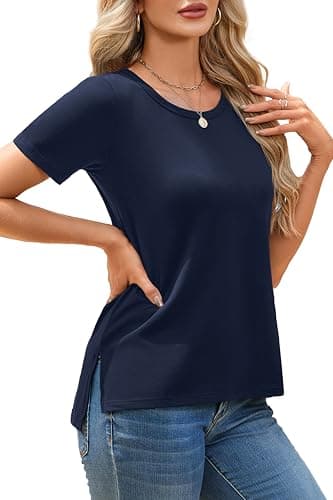 Herou Summer Women Casual Short Sleeve Tops T-Shirts Tees with Side Split — image 1