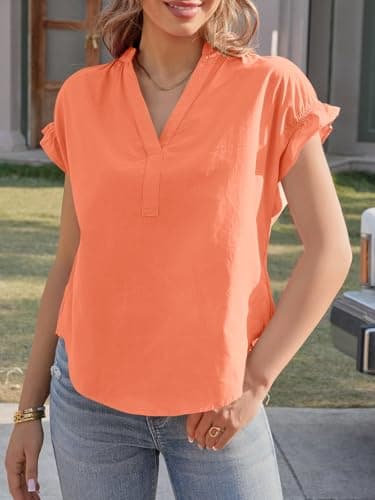 Tankaneo Womens Dressy Casual Tops Ruffle Short Sleeve V Neck Work Blouses Summer Business Casual Cotton Shirts Orange view 5