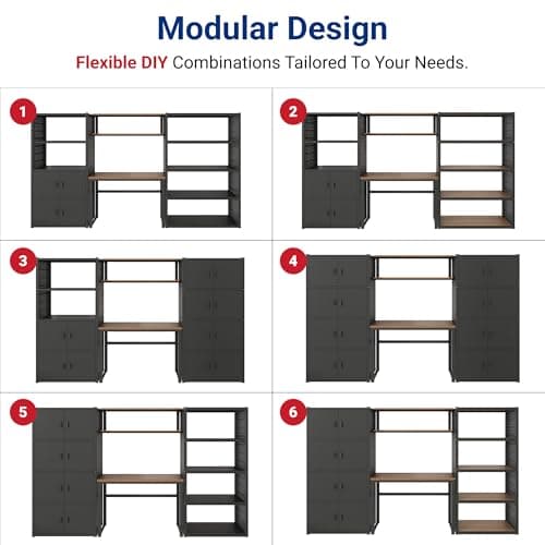 FLEXIMOUNTS Garage Storage Cabinet System, 3-in-1 Modular Metal Tool Cabinet w/Workbench and Metal Board Shelf Includes Pegboard, 24-Gauge Steel, 117"(L) w/ 8 Doors, Black, FLEXIMOD Series view 6