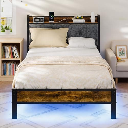 ALBERTO Twin Bed Frame with Charging Station and LED Lights, Twin Size Platform Bed Frame with Headboard, Sturdy Metal Support, No Box Spring Needed