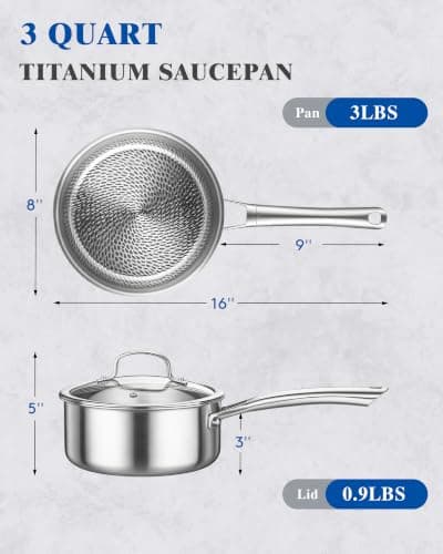 Titanium Pans for Cooking, 3 Quart Non‑Stick Titanium Sauce Pan with Lid | Uncoated Hammered Titanium Pro Pan, PFAS/PFOA/PTFE-Free, Dishwasher & Oven Safe, Compatible with Gas & Induction Cooktops view 2