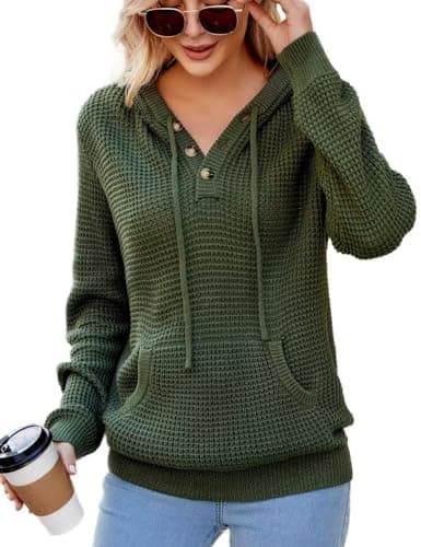 VIMPUNEC Womens Fall Hoodie Sweater Long Sleeve Hooded Top with Pocket | V Neck, Button, Adjustable Drawstring, Waffle Knit, Loose Fit, Ribbed, Kangaroo Pocket — image 1