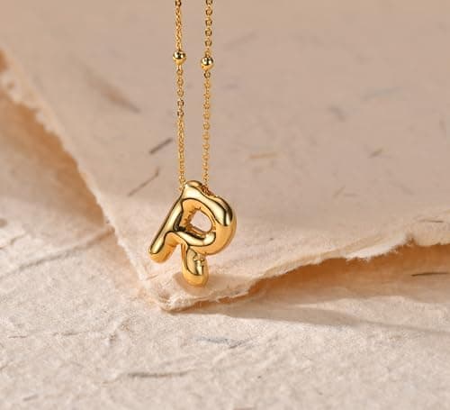 Punhem Bubble Gold Letter Necklace for Women 14k Gold Plated Balloon Initial Letter Pendant Necklace Pearl Custom Name Layered Choker Necklace Gold Jewelry view 3
