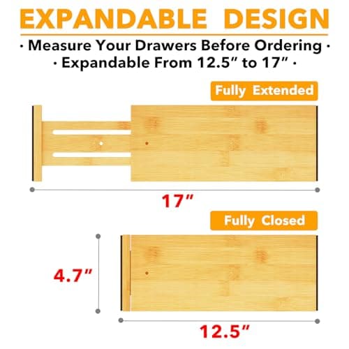 SpaceAid Bamboo Dresser Drawer Dividers 6 Pack, 4.65“ High Adjustable 12.5“-17” Drawer Organizers, Expandable Organization for Clothing, Clothes, Dressers, Natural view 2