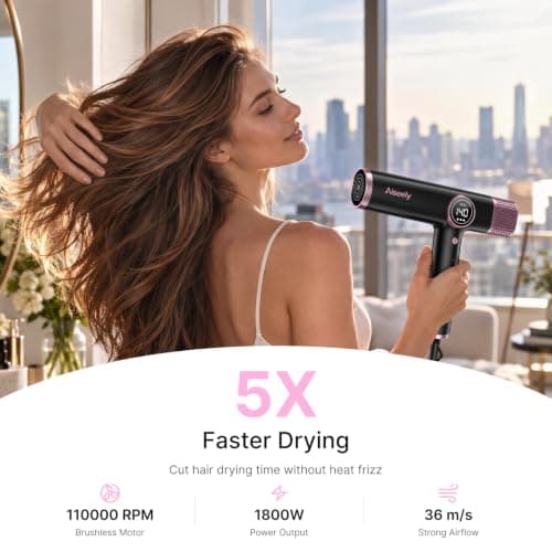 AISEELY Ionic Hair Dryer, 1800W Blow Dryer for Fast Drying, Dual Voltage | 110,000 RPM, 500M Negative Ions for All Hair Types, Foldable & Lightweight, LED Display, Ideal for Home Travel Salon view 4
