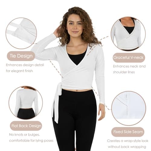 Women Ballet Pilates Wrap Tops Long Sleeve Tie Front Crop Shirts Y2K Dance Workout Yoga Going Out Tops view 2