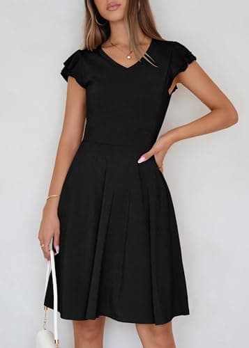 Lazysmile Summer Dresses for Women Ruffle Short Sleeve V Neck A Line Swing Ribbed Knit Casual Mini Short Dress view 3