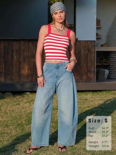 EXLURA Women Faux Cashmere Crop Top Striped Knit Tank Top Square Neck Camisole Summer Lightweight Sweater Y2K Going Out Tops view 6