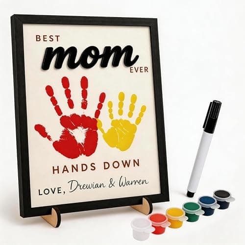 Mothers Day Gifts for Mom – 10" Hands Down Best Mom Ever Sign – DIY Handprint Kit with Paints & Markers, Personalized Keepsake Gift for Mother's Day, Birthday Craft, Family Plaque with Daughter Son Name view 1