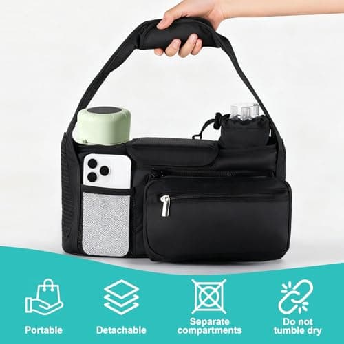 eutopic Universal Stroller Organizer with Insulated Cup Holder Detachable Phone Bag & Shoulder Strap, Bag Caddy Fits for Stroller like Uppababy, Baby Jogger, Britax, BOB, Umbrella & Pet Stroller view 6