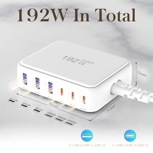 Fast Charging Station, USB C Charger Block, 65W GaN Power Adapter for Laptops, Standard Charge for Phones/Tablets, 6 Port Compatible with MacBook/iPhone 17/iPad/Samsung view 2