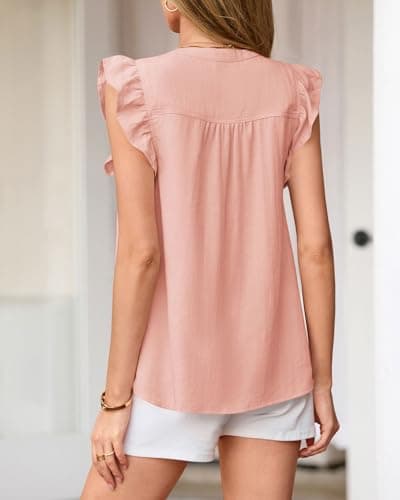 Zenlonr Womens Short Ruffle Sleeve Shirts V Neck Button Down Shirt Solid Color Going Out Spring Tops view 5