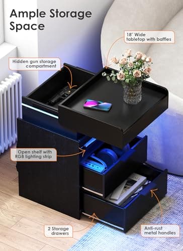 Turosur Nightstands Set of 2, LED Night Stand with Gun Drawer, Smart Nightstand withHidden Charging Station, Modern Beside Table with USB and Type-C Port for Bedroom (Black) view 3