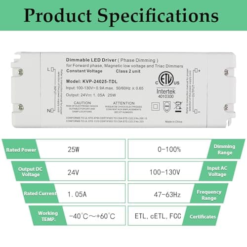 Hanbaak 25W Triac Dimmable LED Driver, 24V Dimmable Power Supply, 100-130VAC to 24VDC Transformer for Low Voltage Lighting Project, Compatible with Lutron Leviton Dimmers view 2