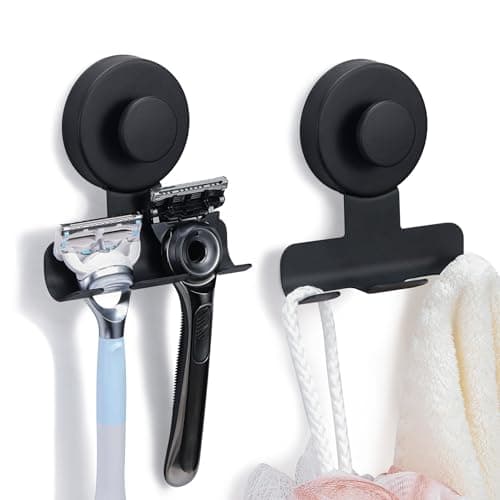 Fenas Suction Cup Razor and Shaver Holder for Shower Wall, Stainless Steel Reusable Suction Hook for Towel and Loofah, Damage-Free Installation (2, Matte Black) view 1