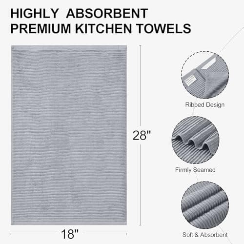 Homaxy Premium Kitchen Towels (18"x 28", 6 Pack), Large 100% Cotton Kitchen Hand Towels, Ultra Absorbent Ribbed Terry Tea Towels Set with Hanging Loop, Grey view 3