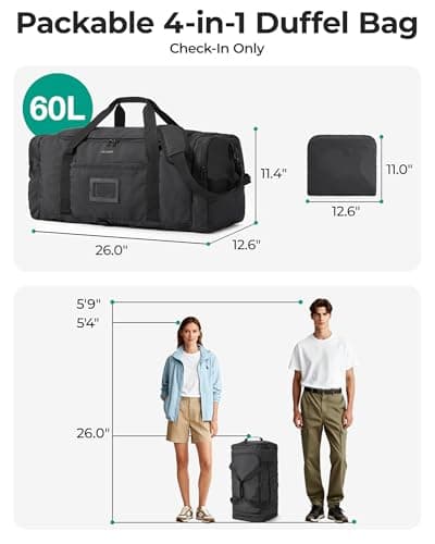 BAGSAMRT 60L Foldable Duffle Bag for Travel, Large Travel Duffel Bag for Men, 4 in 1 Travel Backpack, Carry on Weekender Bag, Black view 2