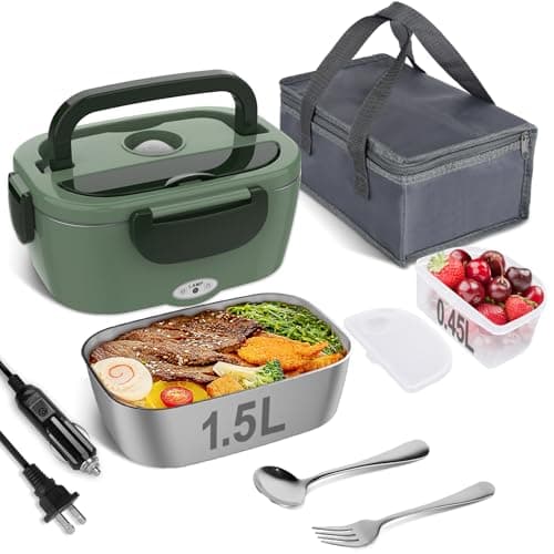 Vabaso Electric Lunch Box for Adults, 80W Heated Lunch Box Portable Food Warmer Lunch Box for Work/Men/Car/Truck with 1.5L 304 Stainless Steel Container Fork & Spoon, 110V/12V/24V — image 1