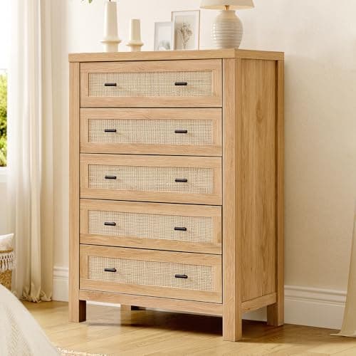 VIAGDO Rattan Dresser for Bedroom, Vertical Tall Rattan Dresser with 5 Storage Drawers, Boho Wood 5 Drawer Dresser with Thick Legs, Wooden Chest of Drawers for Bedroom, Entryway, Living Room, Natural view 1